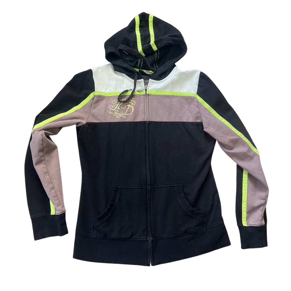 Harley Davidson‎ Womens Full Zip Hoodie Gray Black White Neon Accent Size M